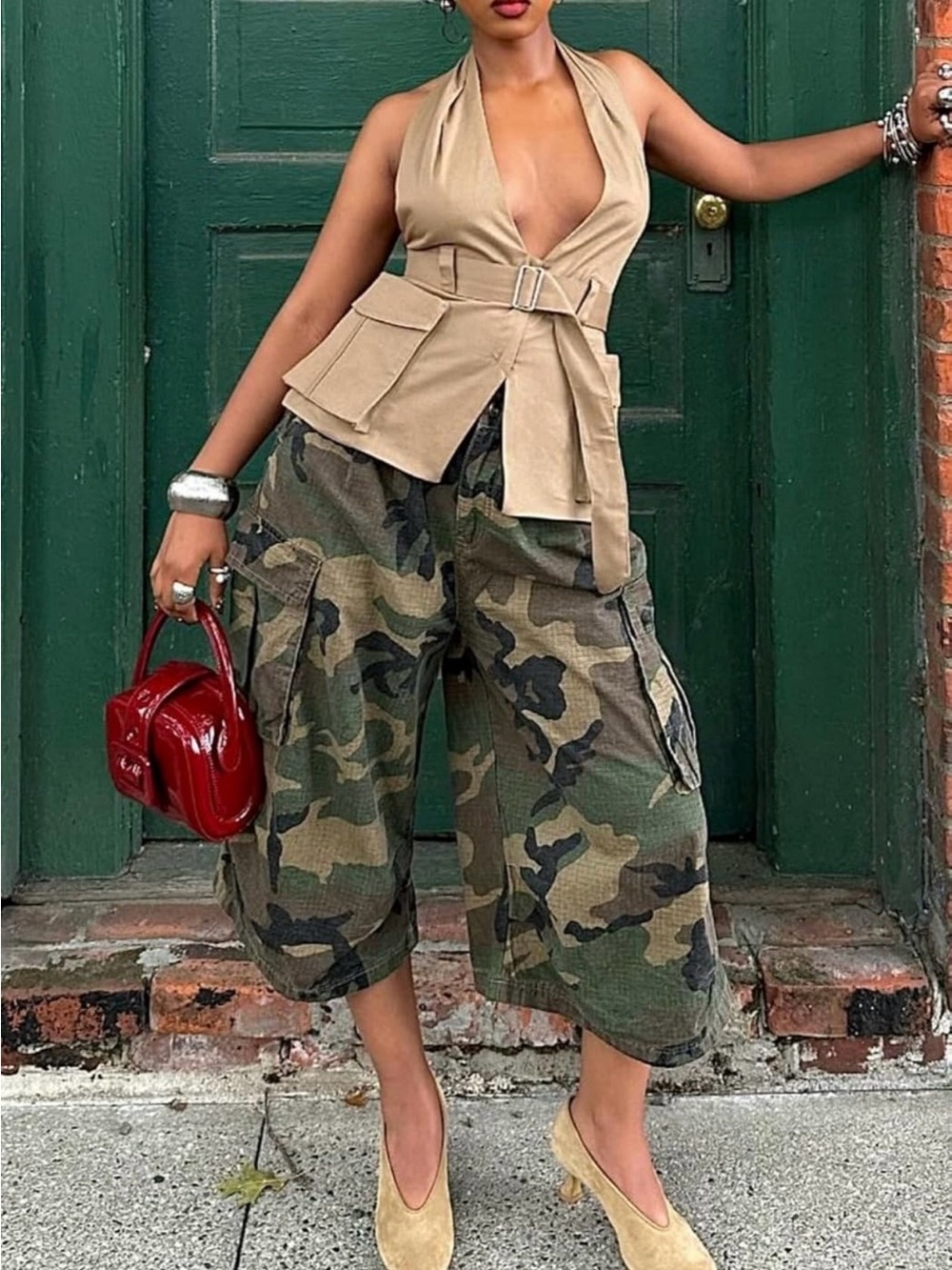 Wide-leg Cropped Camo Cargo Pants